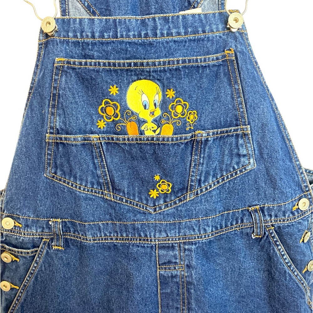 Looney Tunes Vintage Denim Short Overalls Tweety Bird Cartoon Embroidery 16W - Picture 3 of 14